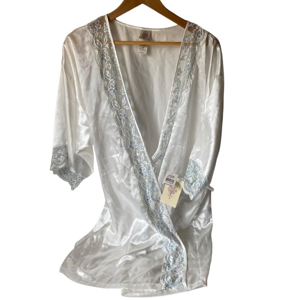 In Bloom By Jonquil Ivory Satin Blue Lace Robe‎ Womens M/L Sleepwear No Belt